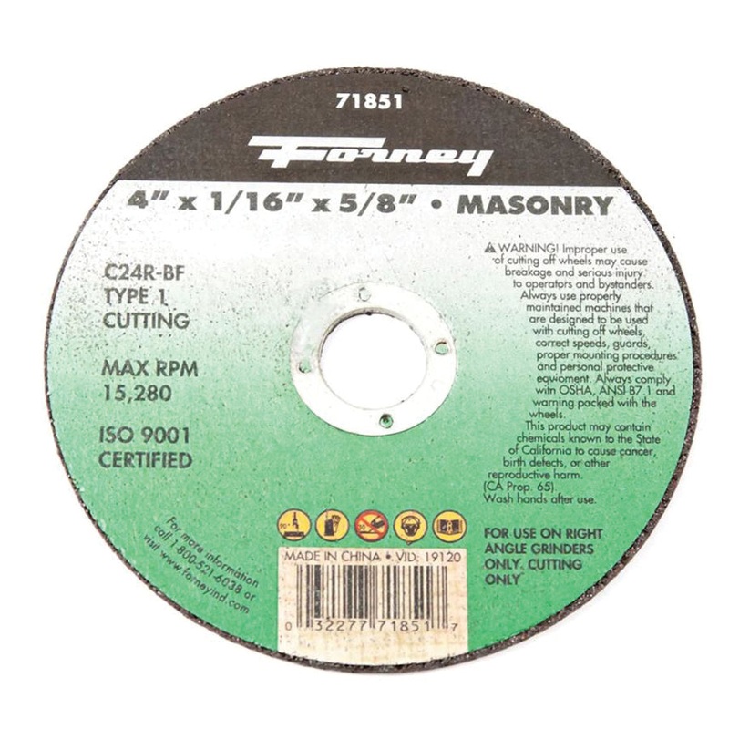 Forney 71851 Cutting Wheel, Type 1 Wheel, 4 in Dia, 1/16 in Thick, 5/8 in Arbor, 24 Grit, Coarse Grit