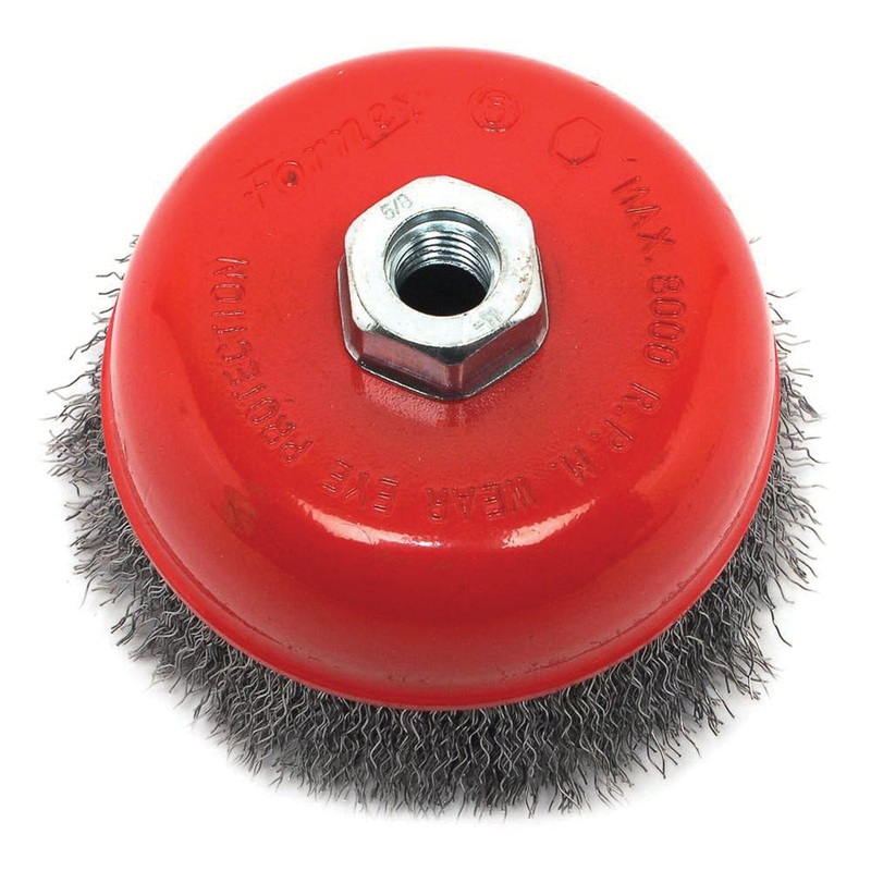 Forney 72754 Cup Brush, 5 in Dia Brush, Crimped Bristle, 5/8 in Arbor