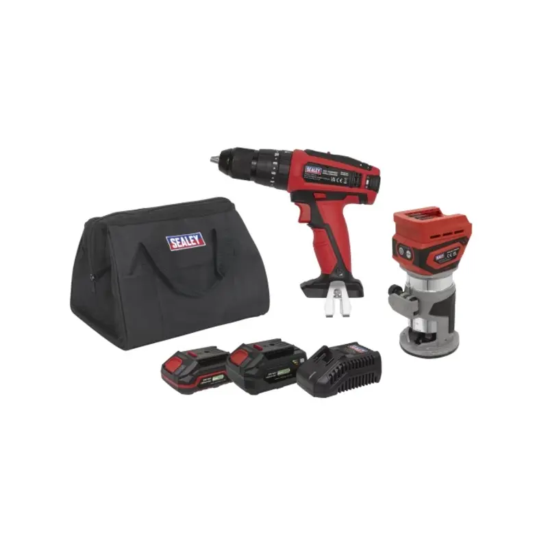 Sealey 2 x 20V SV20 Series Cordless Router & Combi Drill Kit - 2 Batteries