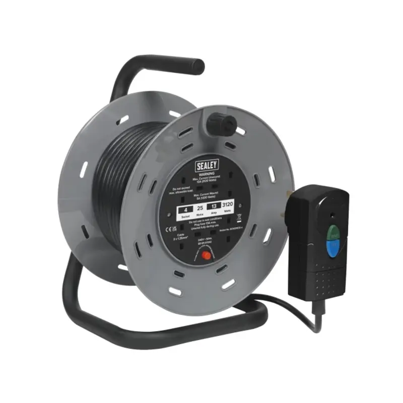 Sealey Cable Reel 25m 4 x 230V 1.25mm Thermal Trip with RCD Plug