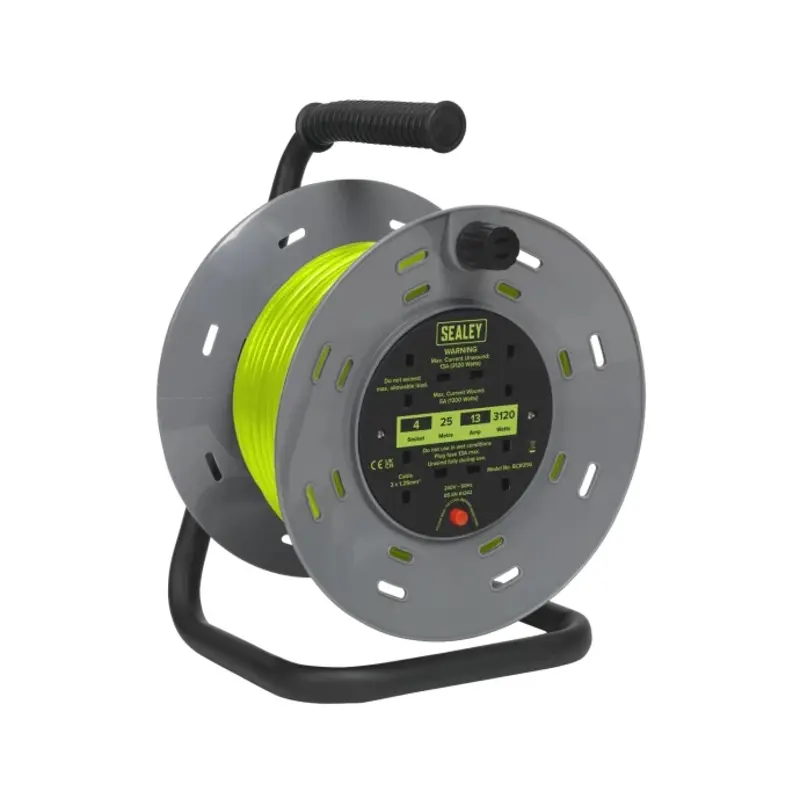 Sealey Cable Reel with Thermal Trip 4 x 230V Sockets 25m - Green