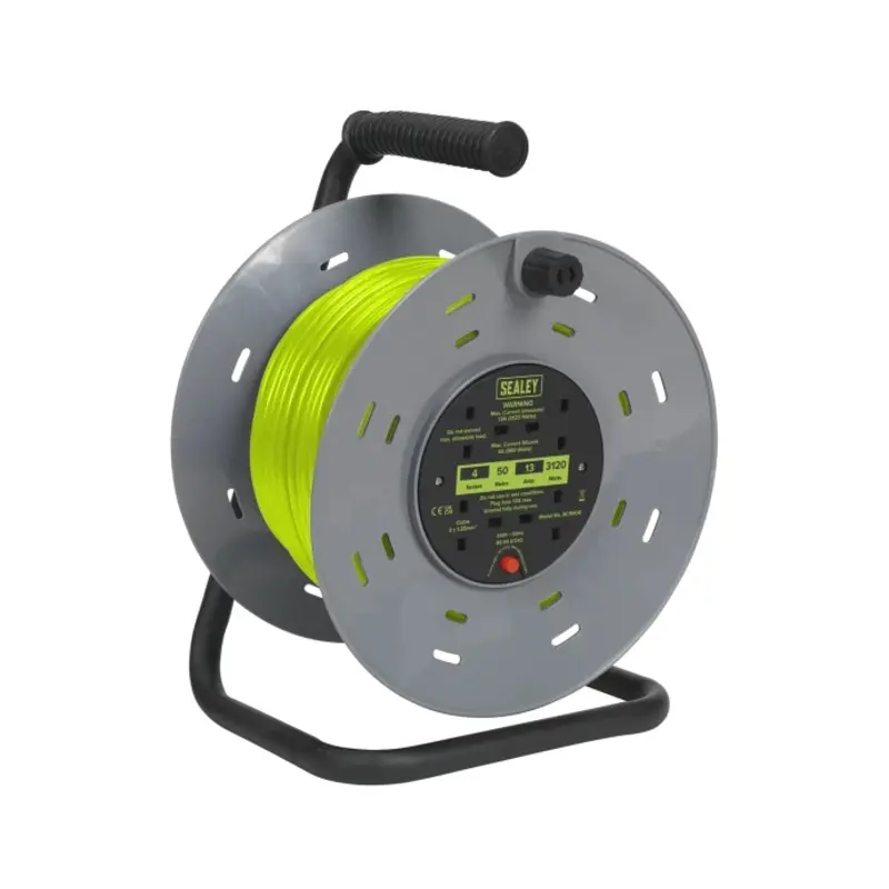 Sealey Cable Reel with Thermal Trip 4 x 230V Sockets 50m - Green
