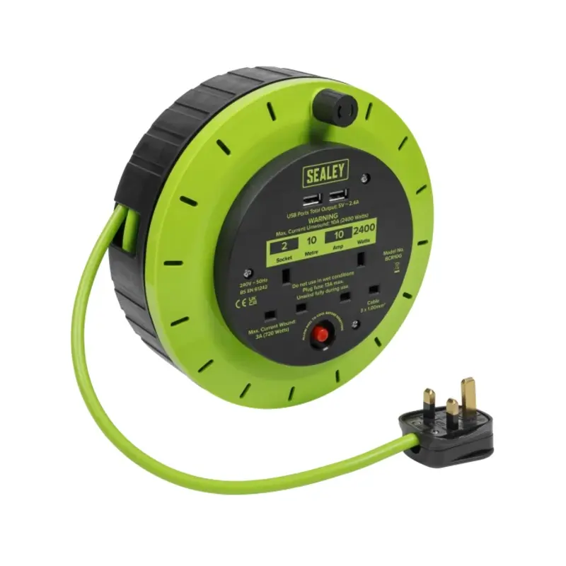 Sealey Cassette Type Cable Reel Green with Thermal Trip 2 x 230V and 2 x USB 10m