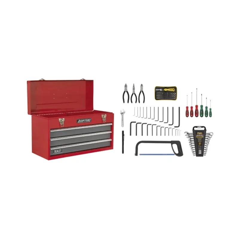 Sealey Portable Tool Chest 3 Drawer with Ball-Bearing Slides - Red/Grey & 93pc Tool Kit