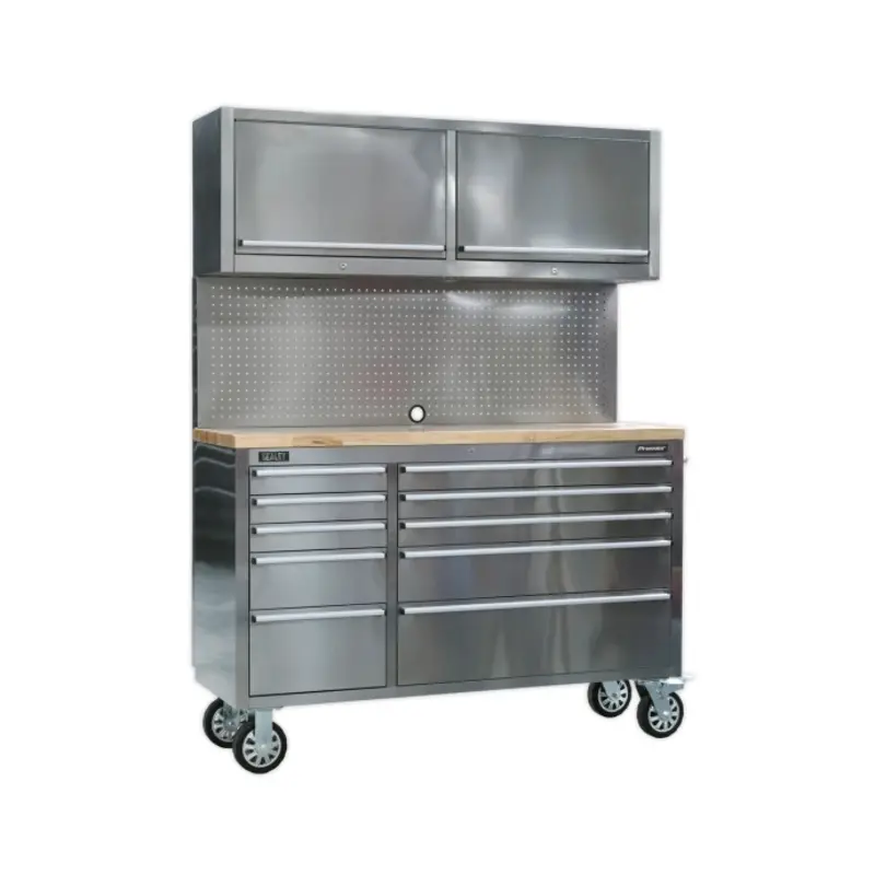 Sealey Mobile Stainless Steel Tool Cabinet 10 Drawer with Backboard & 2 Wall Cupboards