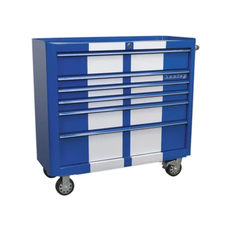 Sealey Rollcab 6 Drawer Wide Retro Style - Blue with White Stripes