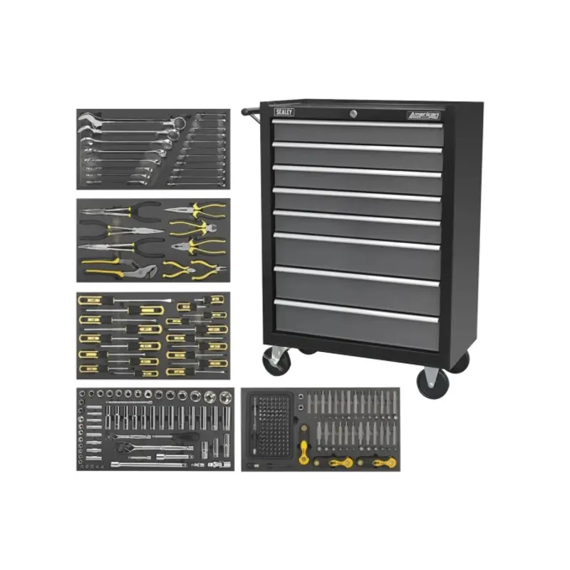Sealey Rollcab 8 Drawer with Ball-Bearing Slides - Black/Grey & 302pc Tool Kit