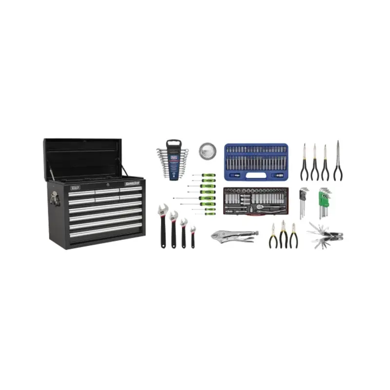 Sealey Topchest 10 Drawer with Ball-Bearing Slides - Black & 140pc Tool Kit