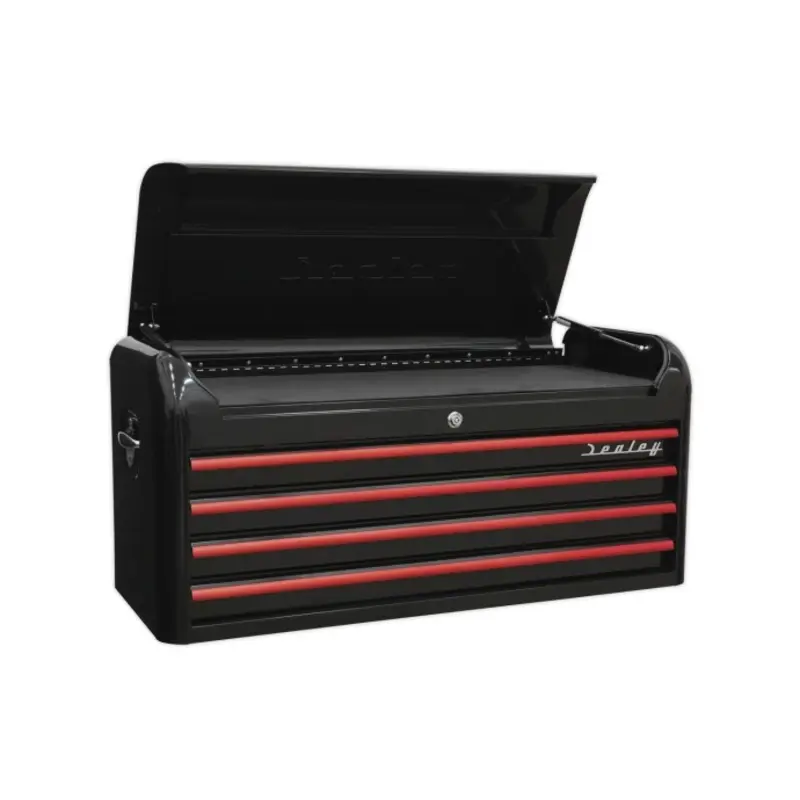Sealey Topchest 4 Drawer Wide Retro Style - Black with Red Anodised Drawer Pulls