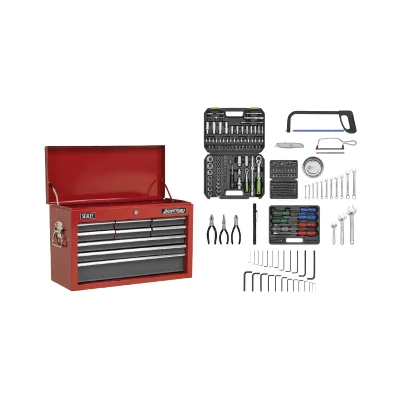 Sealey Topchest 9 Drawer with Ball-Bearing Slides - Red/Grey & 205pc Tool Kit