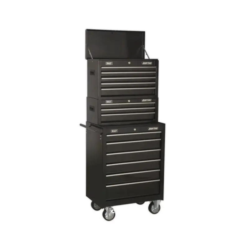 Sealey Topchest, Mid-Box Tool Chest & Rollcab 14 Drawer Stack - Black