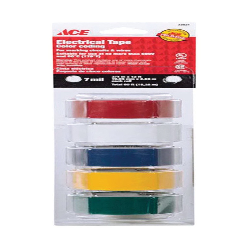 ACE 641313 Electrical Tape, 7 mil Thick, 3/4 in W, 12 ft L, Assorted, Vinyl Adhesive